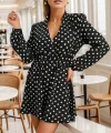 Kadın Uzun Kollu Kruvaze Yaka Puantiyeli Desen Krep Mini Boy Elbise