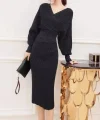 Kadın Uzun Kollu Kruvaze Yaka Triko Elbise