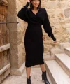 Kadın Uzun Kollu Kruvaze Yaka Triko Elbise