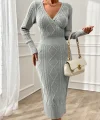 Kadın Uzun Kollu Kruvaze Yaka Triko Midi Boy Elbise