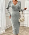 Kadın Uzun Kollu Kruvaze Yaka Triko Midi Boy Elbise