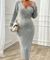 Kadın Uzun Kollu Kruvaze Yaka Triko Midi Boy Elbise