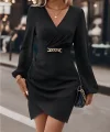 Kadın Uzun Kollu Kruvaze Yaka Yandan Büzgülü Asimetrik Detaylı Ithal Krep Mini Elbise