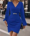 Kadın Uzun Kollu Kruvaze Yaka Yandan Büzgülü Asimetrik Detaylı Ithal Krep Mini Elbise