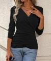 Kadın Uzun Kollu Kruvaze Yaka Yanlardan Büzgülü Viskon Bluz