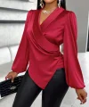 Kadın Uzun Kollu Kruvaze Yakalı Asimetrik Saten Bluz