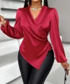 Kadın Uzun Kollu Kruvaze Yakalı Asimetrik Saten Bluz