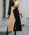 Kadın Uzun Kollu Kruvaze Yakalı Belden çapraz Detaylı çift Renkli Midi Ithal Krep Elbise