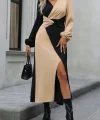 Kadın Uzun Kollu Kruvaze Yakalı Belden çapraz Detaylı çift Renkli Midi Ithal Krep Elbise