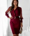 Kadın Uzun Kollu Kruvaze Yakalı Belden Kemerli Mini Ithal Krep Elbise