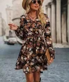 Kadın Uzun Kollu Kruvaze Yakalı Belden Kuşaklı çiçek Desenli Mikro Süprem Mini Elbise