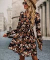 Kadın Uzun Kollu Kruvaze Yakalı Belden Kuşaklı çiçek Desenli Mikro Süprem Mini Elbise