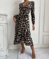 Kadın Uzun Kollu Kruvaze Yakalı Belden Kuşaklı Leopar Desenli Elbise