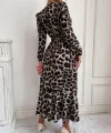 Kadın Uzun Kollu Kruvaze Yakalı Belden Kuşaklı Leopar Desenli Elbise