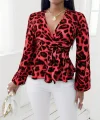 Kadın Uzun Kollu Kruvaze Yakalı Belden Kuşaklı Leopar Desenli Süprem Bluz