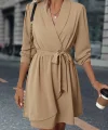 Kadın Uzun Kollu Kruvaze Yakalı Belden Kuşaklı Mini çift Katlı Ithal Krep Elbise