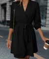 Kadın Uzun Kollu Kruvaze Yakalı Belden Kuşaklı Mini çift Katlı Ithal Krep Elbise