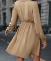 Kadın Uzun Kollu Kruvaze Yakalı Belden Kuşaklı Mini çift Katlı Ithal Krep Elbise