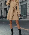 Kadın Uzun Kollu Kruvaze Yakalı Belden Kuşaklı Mini çift Katlı Ithal Krep Elbise