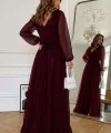 Kadın Uzun Kollu Kruvaze Yakalı Belden Kuşaklı Tüllü Uzun Ithal Krep Elbise