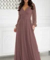 Kadın Uzun Kollu Kruvaze Yakalı Belden Kuşaklı Tüllü Uzun Ithal Krep Elbise
