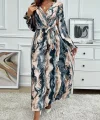 Kadın Uzun Kollu Kruvaze Yakalı Beli Kuşaklı Desenli Süprem Maxi Elbise