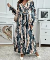 Kadın Uzun Kollu Kruvaze Yakalı Beli Kuşaklı Desenli Süprem Maxi Elbise