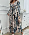 Kadın Uzun Kollu Kruvaze Yakalı Beli Kuşaklı Desenli Süprem Maxi Elbise