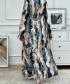 Kadın Uzun Kollu Kruvaze Yakalı Beli Kuşaklı Desenli Süprem Maxi Elbise