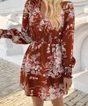 Kadın Uzun Kollu Kruvaze Yakalı çiçek Desenli Mini Süprem Elbise
