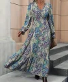 Kadın Uzun Kollu Kruvaze Yakalı Desenli Süprem Maxi Elbise