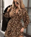 Kadın Uzun Kollu Kruvaze Yakalı Fırfırlı Belden Kuşaklı Leopar Desen Modal Elbise