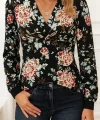 Kadın Uzun Kollu Kruvaze Yakalı Kelebek Desenli şardonlu Dalgıç Bluz
