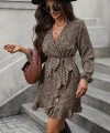 Kadın Uzun Kollu Kruvaze Yakalı Kuşaklı Desenli Kısa Modal Mini Elbise