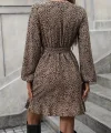 Kadın Uzun Kollu Kruvaze Yakalı Kuşaklı Desenli Kısa Modal Mini Elbise