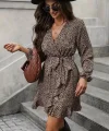 Kadın Uzun Kollu Kruvaze Yakalı Kuşaklı Desenli Kısa Modal Mini Elbise