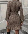 Kadın Uzun Kollu Kruvaze Yakalı Kuşaklı Desenli Kısa Modal Mini Elbise