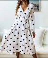 Kadın Uzun Kollu Kruvaze Yakalı Kuşaklı Puantiyeli Uzun Krep Elbise