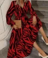 Kadın Uzun Kollu Kruvaze Yakalı Kuşaklı Zebra Desenli Süprem Maxi Elbise