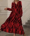 Kadın Uzun Kollu Kruvaze Yakalı Kuşaklı Zebra Desenli Süprem Maxi Elbise