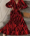 Kadın Uzun Kollu Kruvaze Yakalı Kuşaklı Zebra Desenli Süprem Maxi Elbise