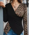 Kadın Uzun Kollu Kruvaze Yakalı Leopar Desen Detaylı Viskon Bluz