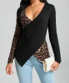 Kadın Uzun Kollu Kruvaze Yakalı Leopar Desen Detaylı Viskon Bluz