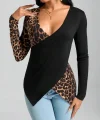 Kadın Uzun Kollu Kruvaze Yakalı Leopar Desen Detaylı Viskon Bluz