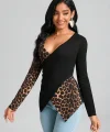 Kadın Uzun Kollu Kruvaze Yakalı Leopar Desen Detaylı Viskon Bluz