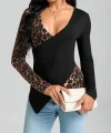 Kadın Uzun Kollu Kruvaze Yakalı Leopar Desen Detaylı Viskon Bluz