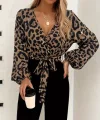 Kadın Uzun Kollu Kruvaze Yakalı Leopar Desenli Belden Kuşaklı üst Dalgıç Alt Krep Tulum