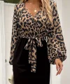 Kadın Uzun Kollu Kruvaze Yakalı Leopar Desenli Belden Kuşaklı üst Dalgıç Alt Krep Tulum