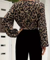 Kadın Uzun Kollu Kruvaze Yakalı Leopar Desenli Belden Kuşaklı üst Dalgıç Alt Krep Tulum