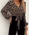 Kadın Uzun Kollu Kruvaze Yakalı Leopar Desenli Belden Kuşaklı üst Dalgıç Alt Krep Tulum